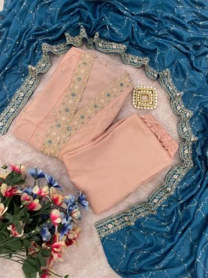 Elegant Baby Pink Vichhitra Silk Kurta Pant With Embroidery Work Navy Blue Dupatta