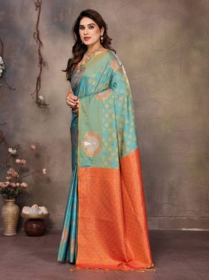 Elegant Banarasi Handloom Silk Green Saree With Matching Orange Blouse And Border