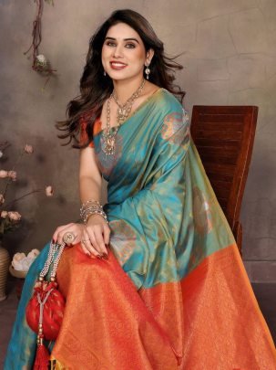Elegant Banarasi Handloom Silk Green Saree With Matching Orange Blouse And Border