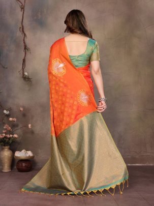 Elegant Banarasi Handloom Silk Orange Saree With Matching Green Blouse