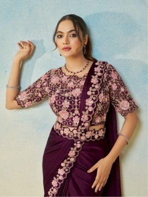 Elegant Black Satin Silk Ready To Wear Saree With Organza Tissue Blouse