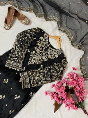 Elegant Black Sequins Embroidery Work Kurti Plazzo Set With Beautiful Organza Silk Dupatta