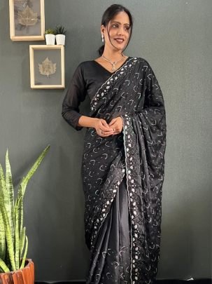 Elegant Black Sparkling Georgette Silk Saree Paired With Unstitched Blouse