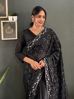 Elegant Black Sparkling Georgette Silk Saree Paired With Unstitched Blouse