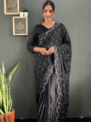 Elegant Black Sparkling Georgette Silk Saree Paired With Unstitched Blouse