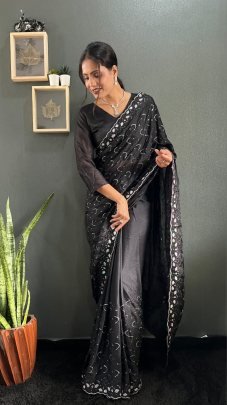 Elegant Black Sparkling Georgette Silk Saree Paired With Unstitched Blouse