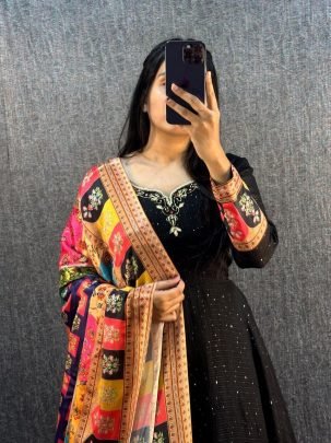 Elegant Black Viscose Georgette Embroidered Gown With Chinon Dupatta