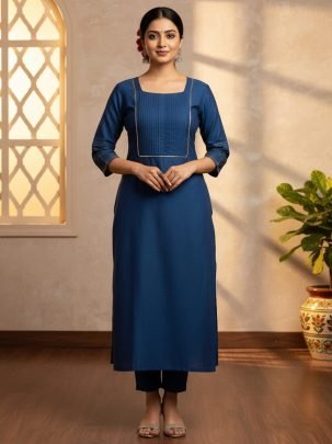 Elegant Blue Heavy Chanderi Silk Straight Cut Couching Work Kurti