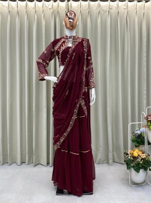 Elegant Brown Faux Georgette Ruffle Ready To Wear Embroidery Saree