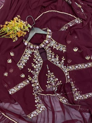 Elegant Brown Faux Georgette Ruffle Ready To Wear Embroidery Saree