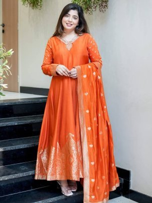 Elegant Chanderi Orange Anarkali Embroidery Work Kurti Set