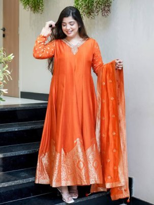 Elegant Chanderi Orange Anarkali Embroidery Work Kurti Set
