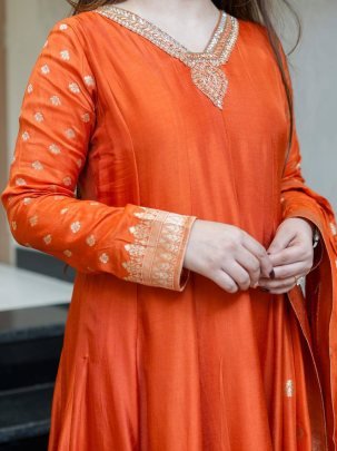 Elegant Chanderi Orange Anarkali Embroidery Work Kurti Set