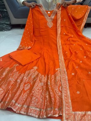 Elegant Chanderi Orange Anarkali Embroidery Work Kurti Set
