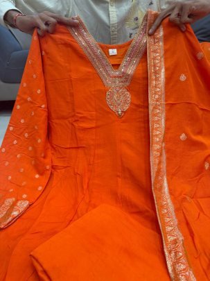 Elegant Chanderi Orange Anarkali Embroidery Work Kurti Set