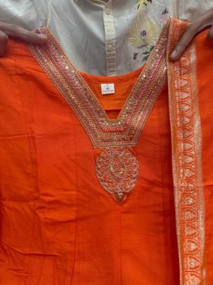 Elegant Chanderi Orange Anarkali Embroidery Work Kurti Set