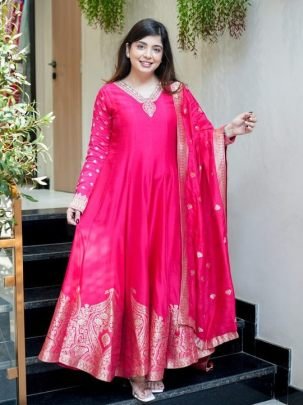 Elegant Chanderi Pink Anarkali Embroidery Work Kurti Set