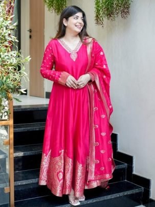 Elegant Chanderi Pink Anarkali Embroidery Work Kurti Set