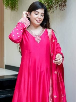Elegant Chanderi Pink Anarkali Embroidery Work Kurti Set