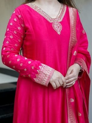 Elegant Chanderi Pink Anarkali Embroidery Work Kurti Set