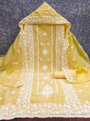 Elegant Chanderi Yellow Dress Material With Chanderi Dupatta