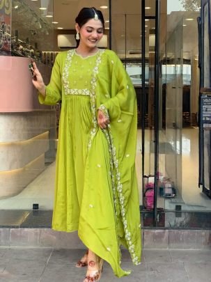 Elegant Chinon Embroidered Flared Kurti with Rayon Bottom