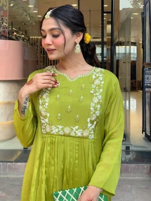 Elegant Chinon Embroidered Flared Kurti with Rayon Bottom