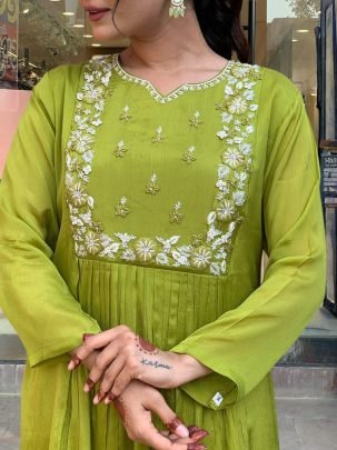 Elegant Chinon Embroidered Flared Kurti with Rayon Bottom