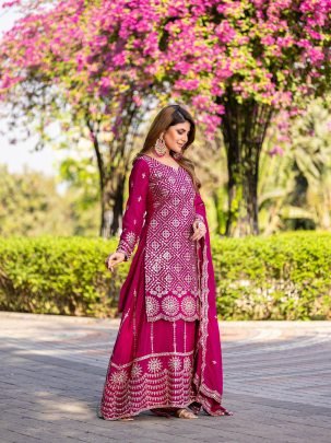 Elegant Chinon Embroidered Kurti With Plazzo And Dupatta