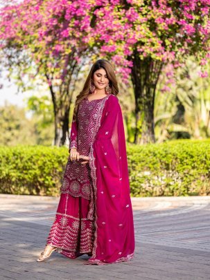 Elegant Chinon Embroidered Kurti With Plazzo And Dupatta