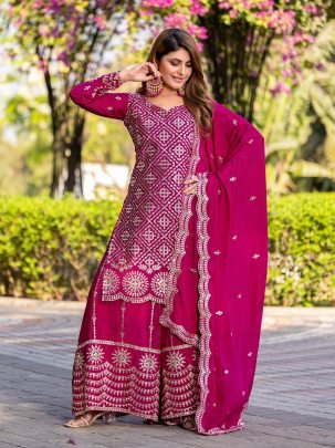Elegant Chinon Embroidered Kurti With Plazzo And Dupatta