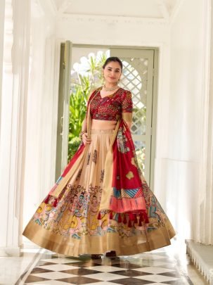 Elegant Cream Dola Silk Kalamkari Print Lehenga With Printed Deep Red Dupatta And Blouse