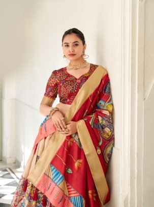 Elegant Cream Dola Silk Kalamkari Print Lehenga With Printed Deep Red Dupatta And Blouse