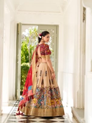 Elegant Cream Dola Silk Kalamkari Print Lehenga With Printed Deep Red Dupatta And Blouse