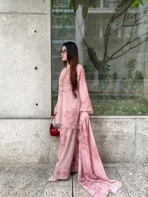 Elegant Digital Print Georgette Baby Pink Suit Set With Farshi Plazzo And Dupatta