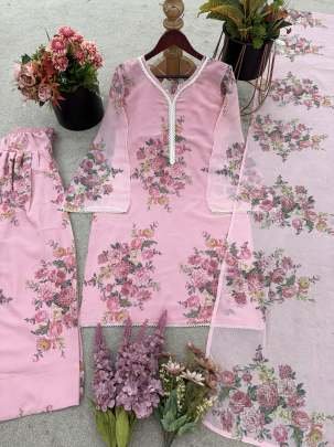 Elegant Digital Print Georgette Baby Pink Suit Set With Farshi Plazzo And Dupatta