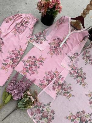 Elegant Digital Print Georgette Baby Pink Suit Set With Farshi Plazzo And Dupatta