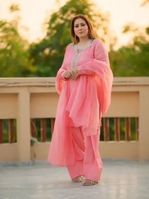 Elegant Faux Georgette Embroidered Pink Kurti With Farshi Pant And Dupatta