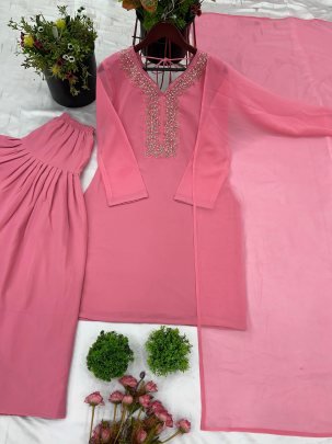 Elegant Faux Georgette Embroidered Pink Kurti With Farshi Pant And Dupatta