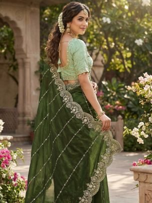 Elegant Fendy Satin Embroidered Green Saree With Fully Stitched Designer Pista Blouse
