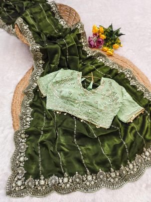 Elegant Fendy Satin Embroidered Green Saree With Fully Stitched Designer Pista Blouse
