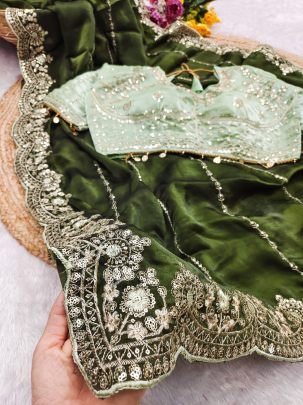 Elegant Fendy Satin Embroidered Green Saree With Fully Stitched Designer Pista Blouse