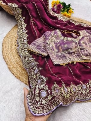 Elegant Fendy Satin Embroidered Green Saree With Fully Stitched Designer Pista Blouse