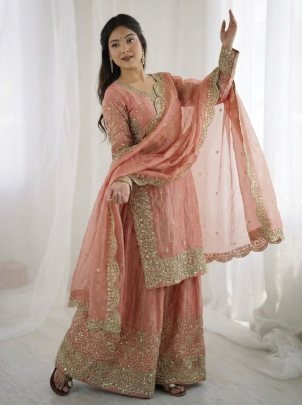 Elegant Fendy Silk Embroidered Cream Suit Paired With Palazzo And Dupatta