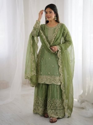 Elegant Fendy Silk Embroidered Green Kurti Palazzo And Dupatta Set
