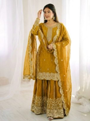 Elegant Fendy Silk Embroidered Yellow Suit Paired With Palazzo And Dupatta
