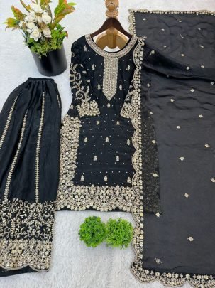 Elegant Fendy Silk Embroidered Kurti Palazzo And Dupatta Set