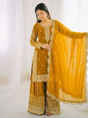 Elegant Fendy Silk Embroidered Yellow Suit Paired With Palazzo And Dupatta