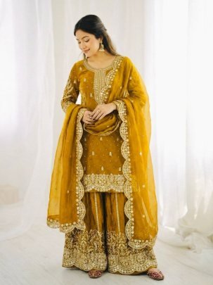 Elegant Fendy Silk Embroidered Yellow Suit Paired With Palazzo And Dupatta