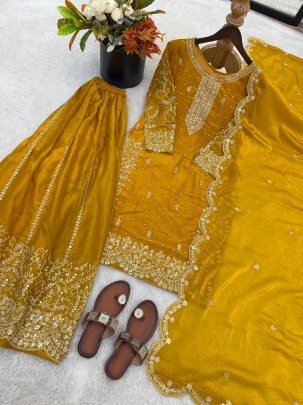 Elegant Fendy Silk Embroidered Yellow Suit Paired With Palazzo And Dupatta